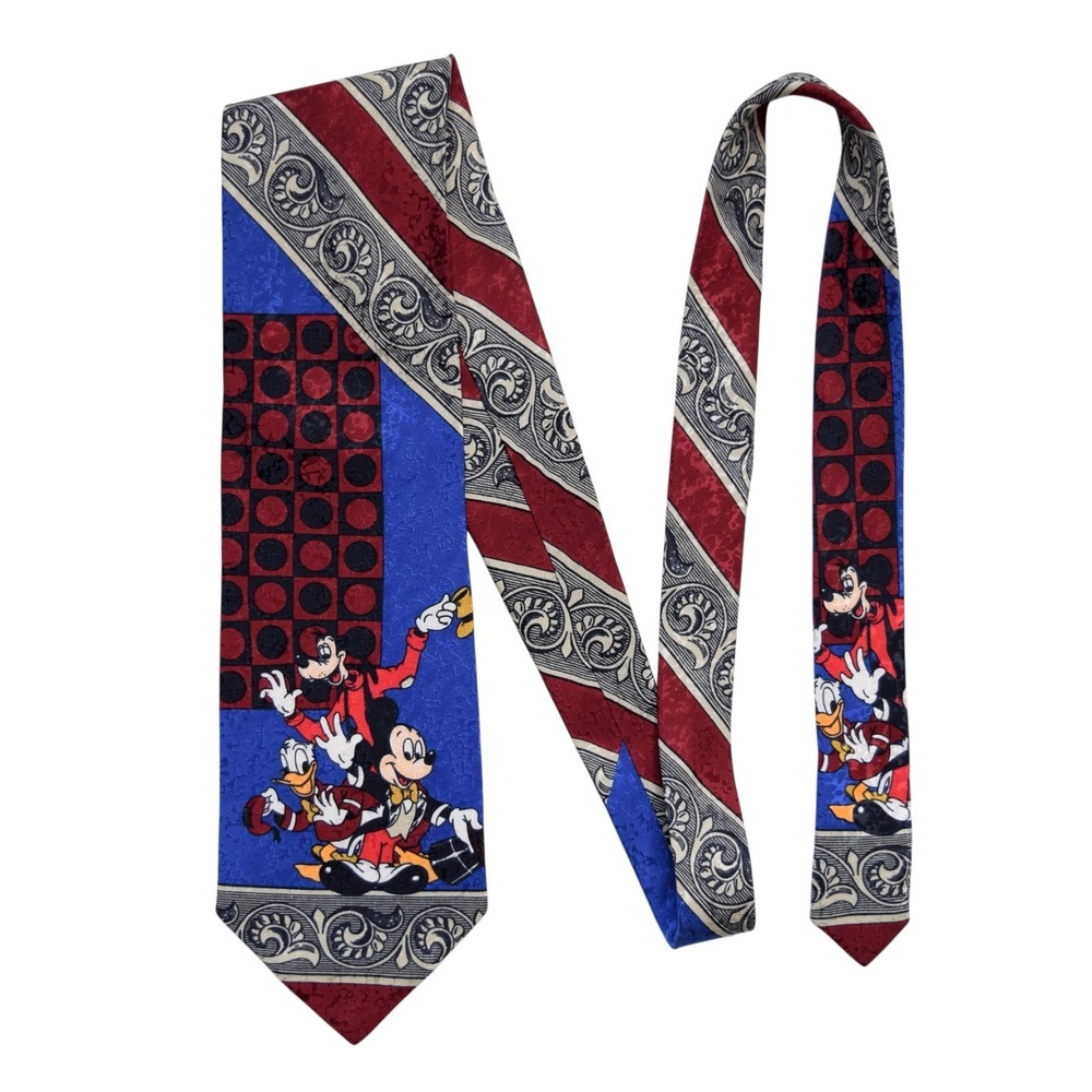 Mickey & Co Mens Blue Red Silk Tie Disney Characters Atlas Design Italy Vintage